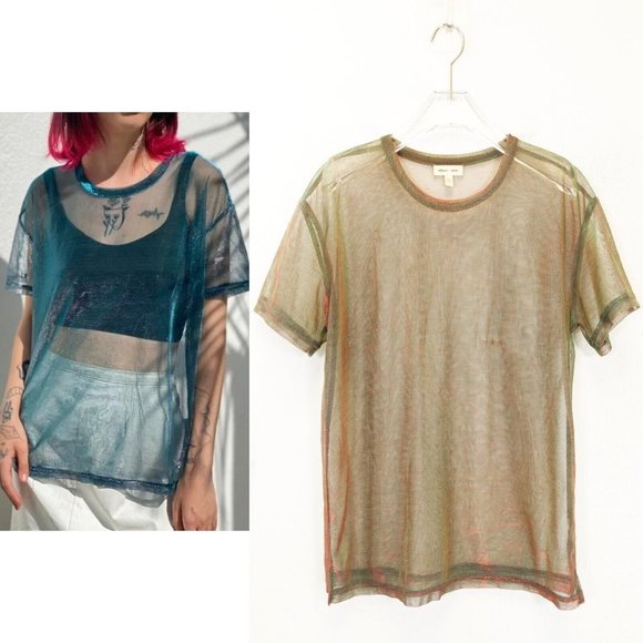 SILENCE +‎ NOISE Womens Brown Green T Shirt SMALL Sheer Sparkle Iridescent Mesh - Picture 1 of 13